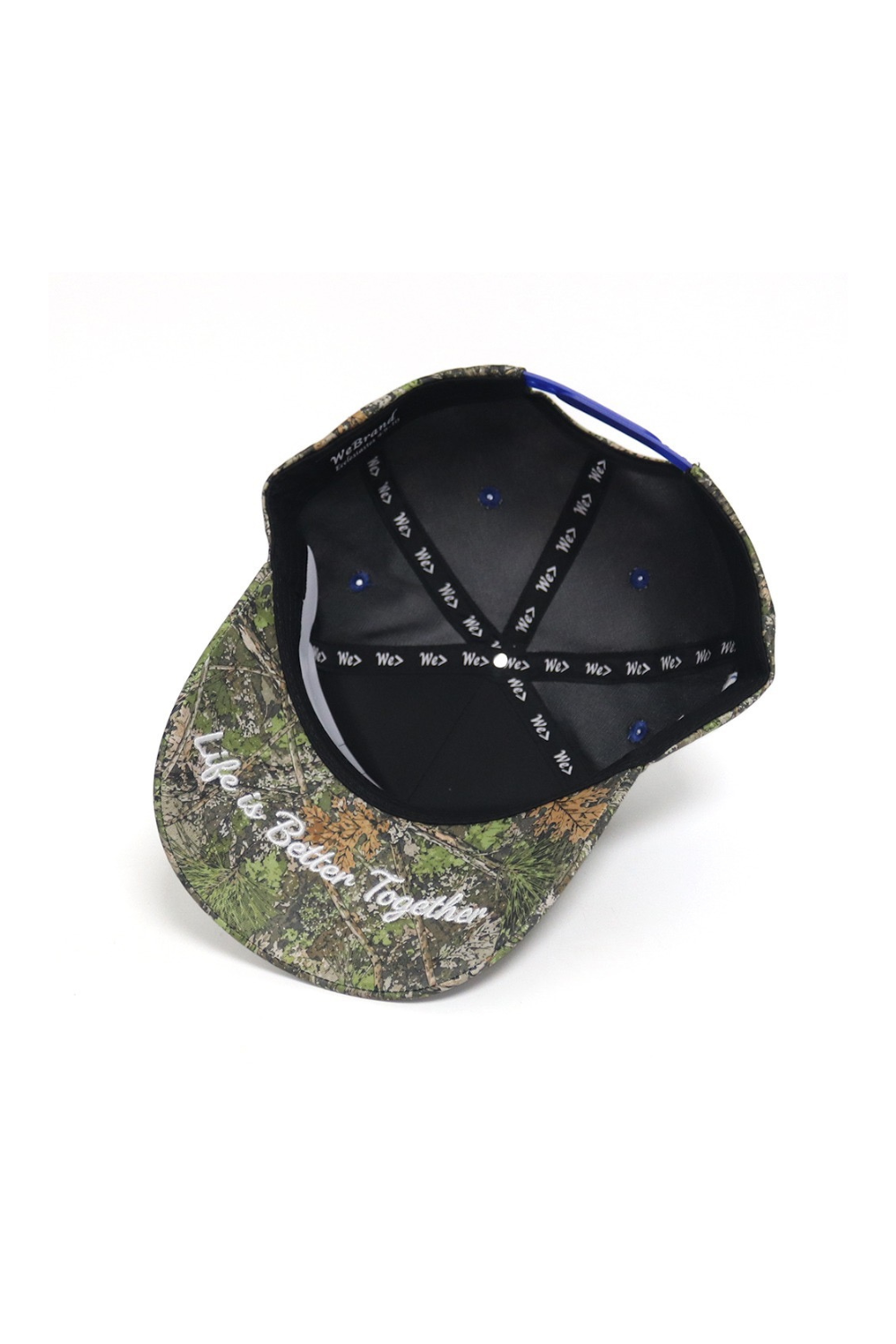 Two caps, one with a camouflage pattern and the other black, on a white background.