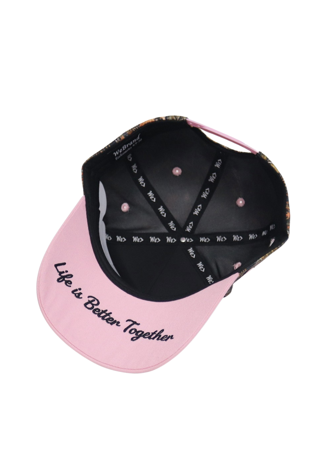 Pink and black cap with 'Life is Better Together' text on a white background