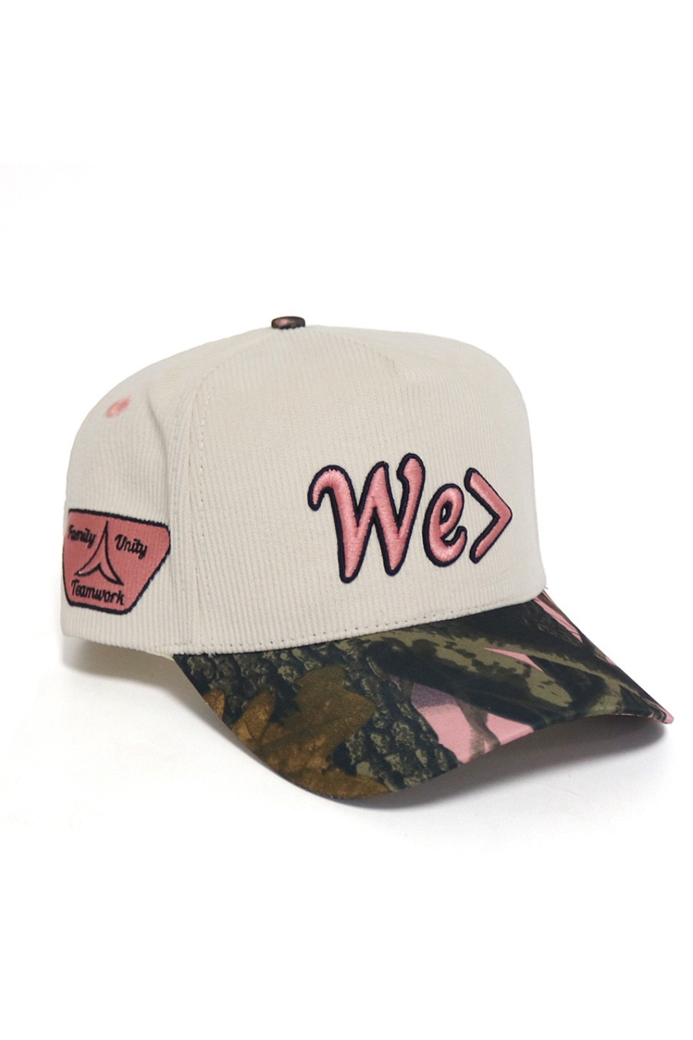Cap with 'We' text and camouflage pattern on a white background