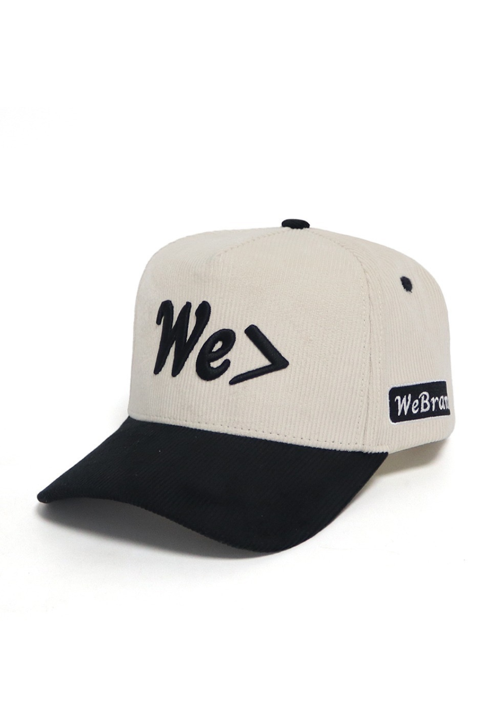 Beige and black cap with 'We>?' logo on a white background