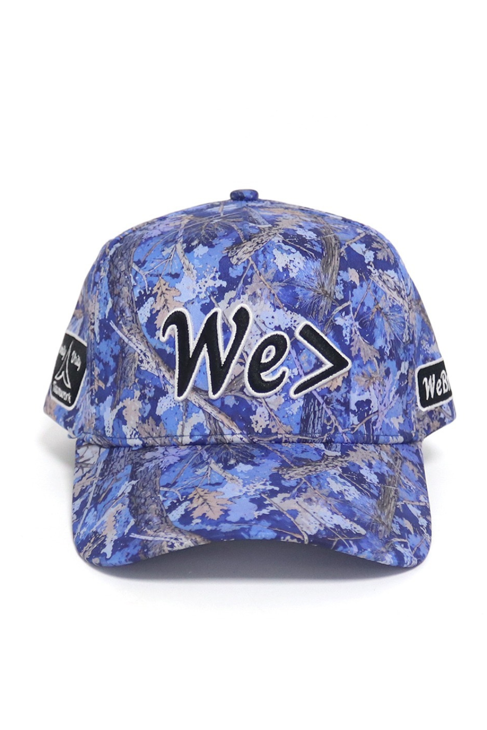 Blue camouflage baseball cap with 'We>' logo on a white background