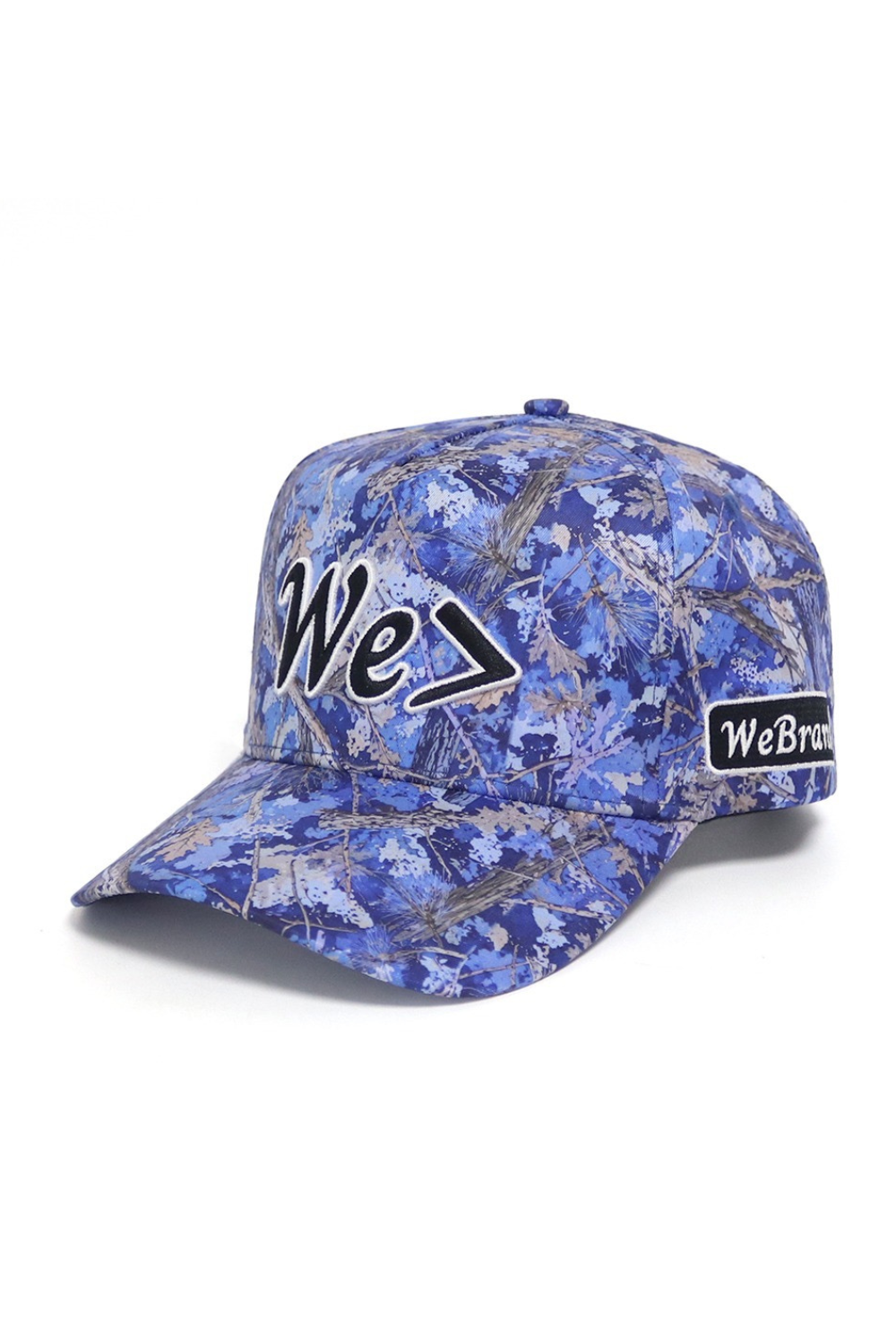 Blue camouflage baseball cap with 'We' logo on a white background