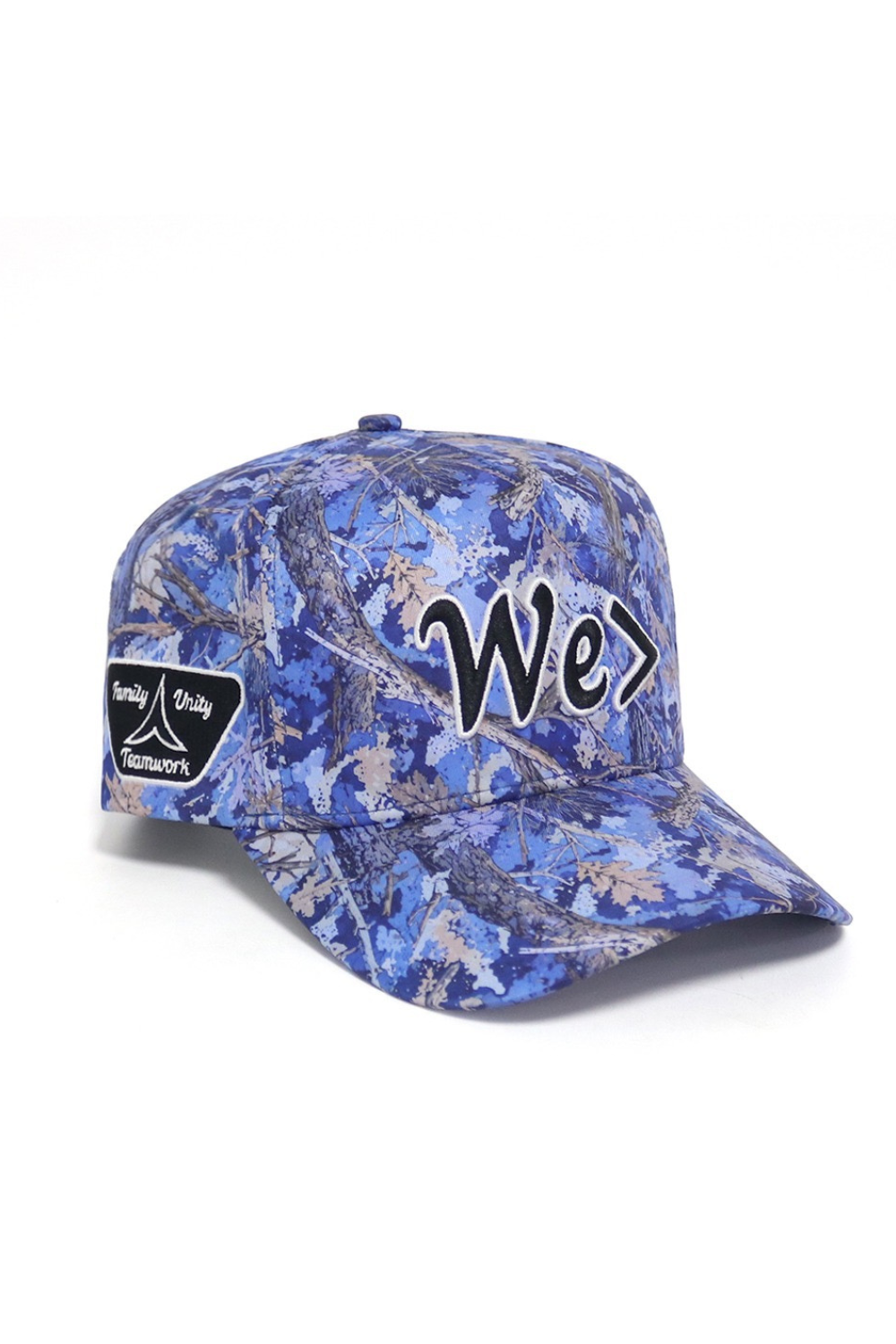 Blue camouflage baseball cap with 'We' logo on a white background