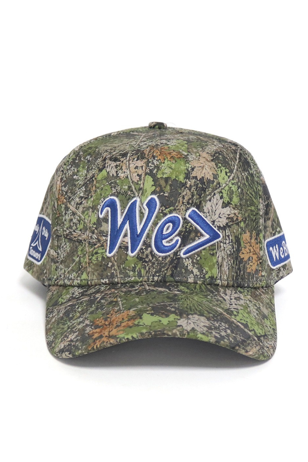 Camouflage baseball cap with blue 'We' logo on a white background