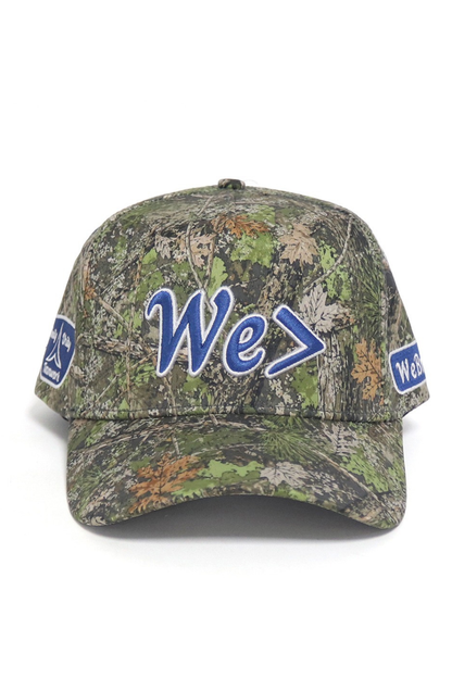 Camouflage baseball cap with blue 'We' logo on a white background
