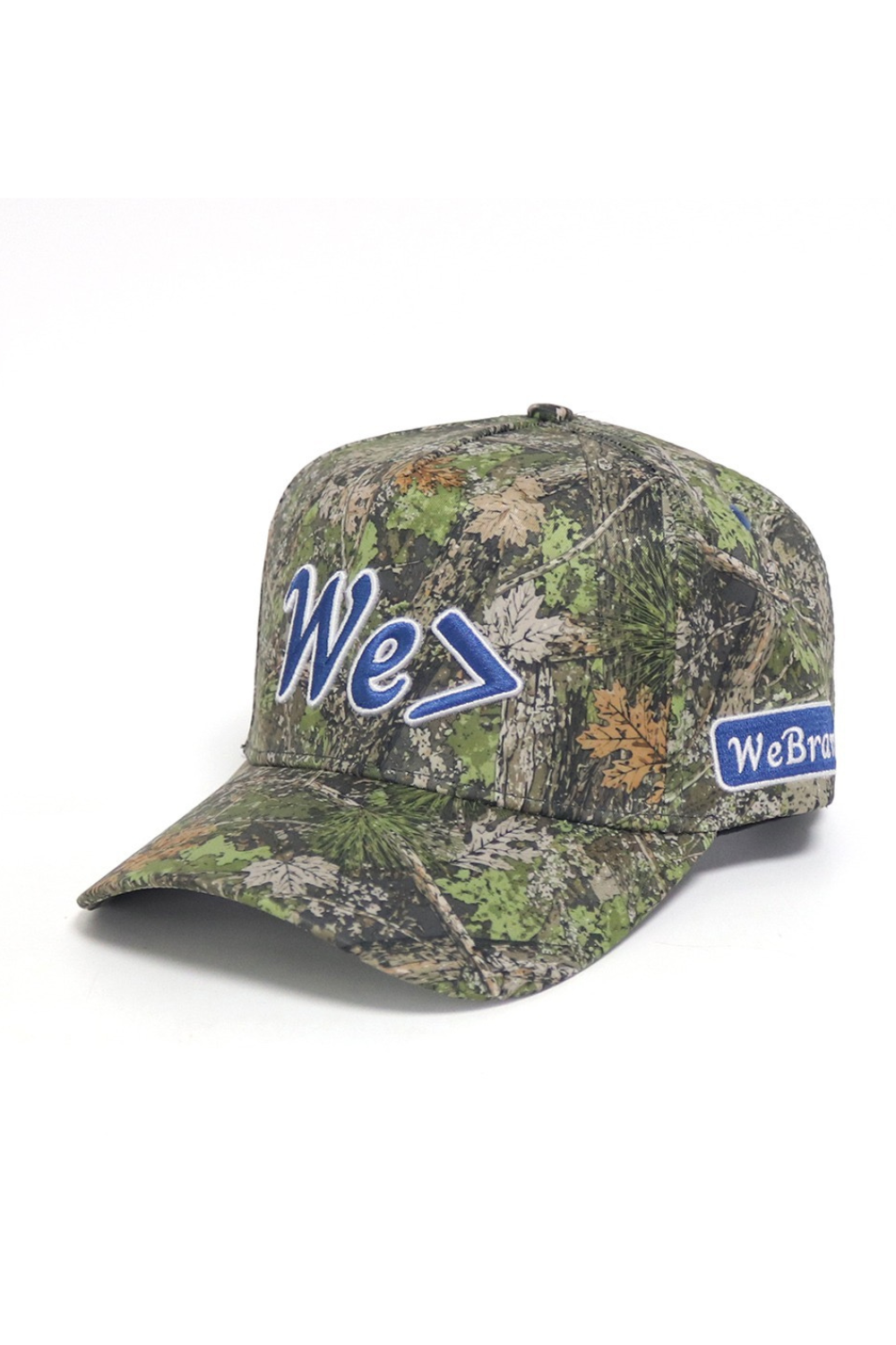 Camouflage baseball cap with 'We7' branding on a white background