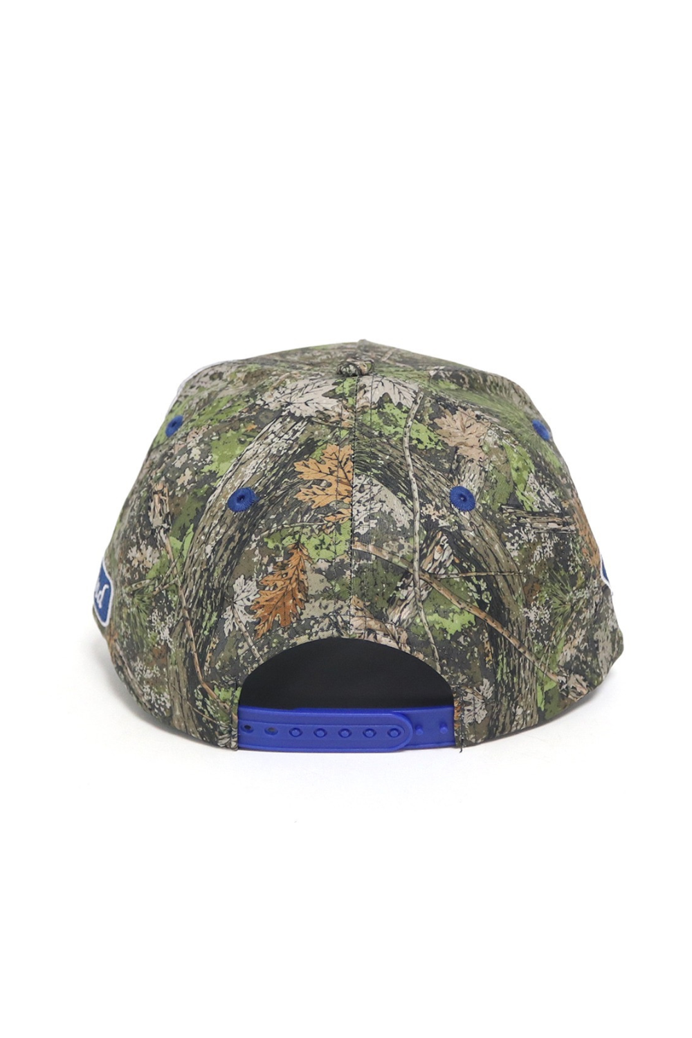 Camouflage-patterned cap with blue accents on a white background