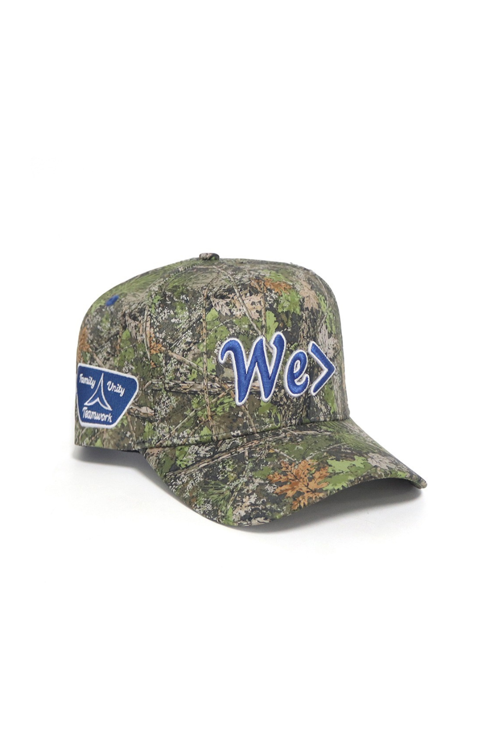 Camouflage cap with blue logo on a white background