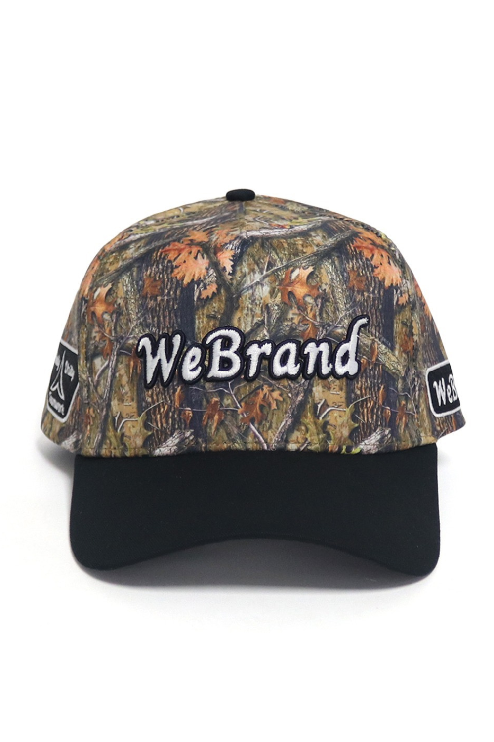 Camouflage baseball cap with 'WeBrand' logo on a white background
