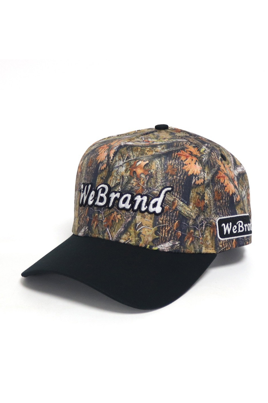 Camouflage baseball cap with 'WeBrand' logo on a white background