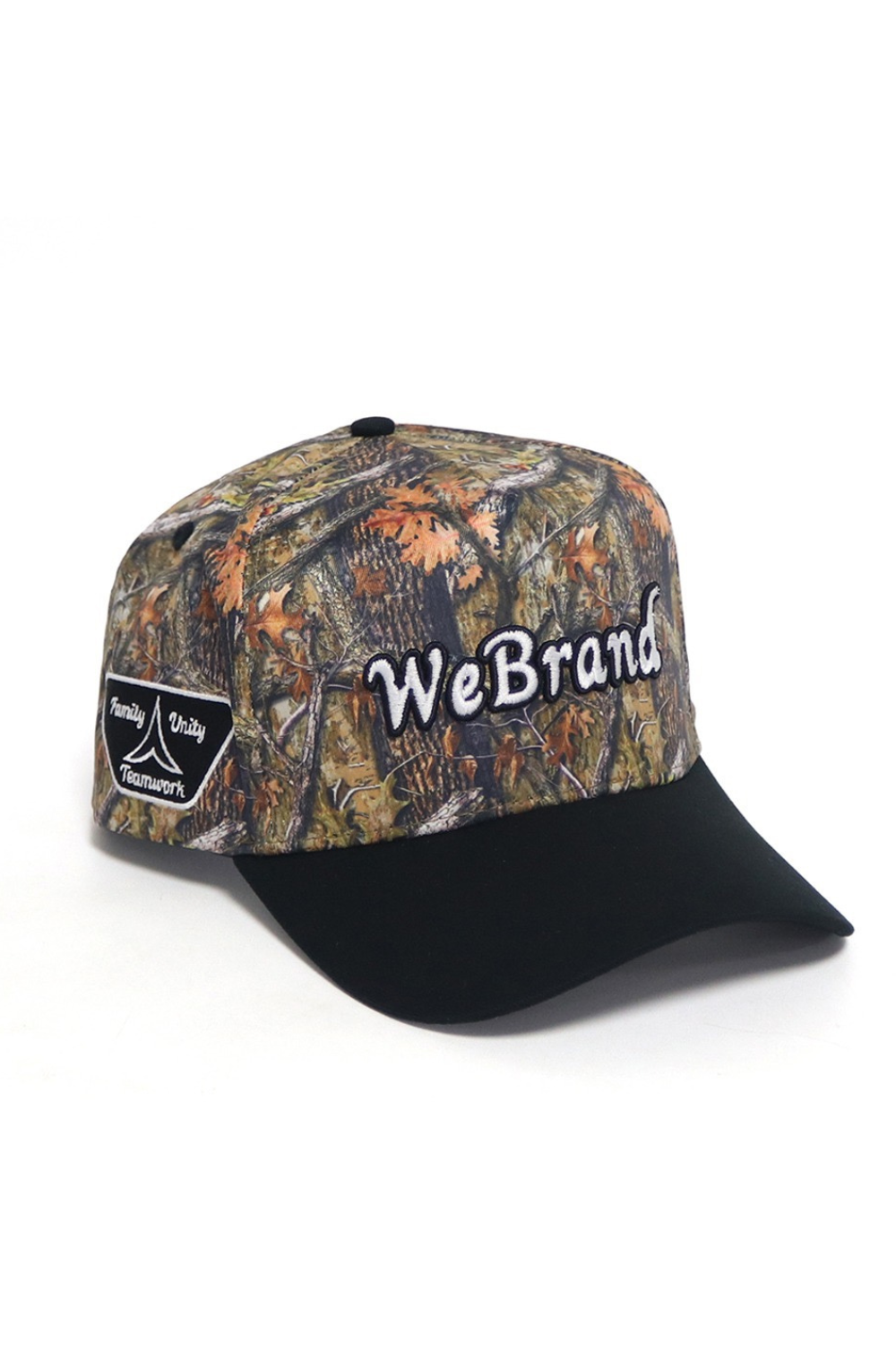 Camouflage baseball cap with 'WeBrand' logo on a white background