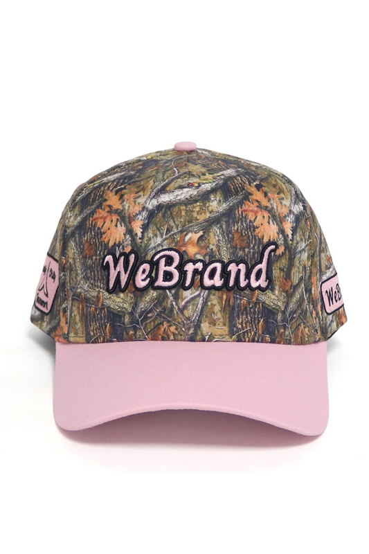 Camouflage cap with pink brim and 'WeBrand' logo on a white background