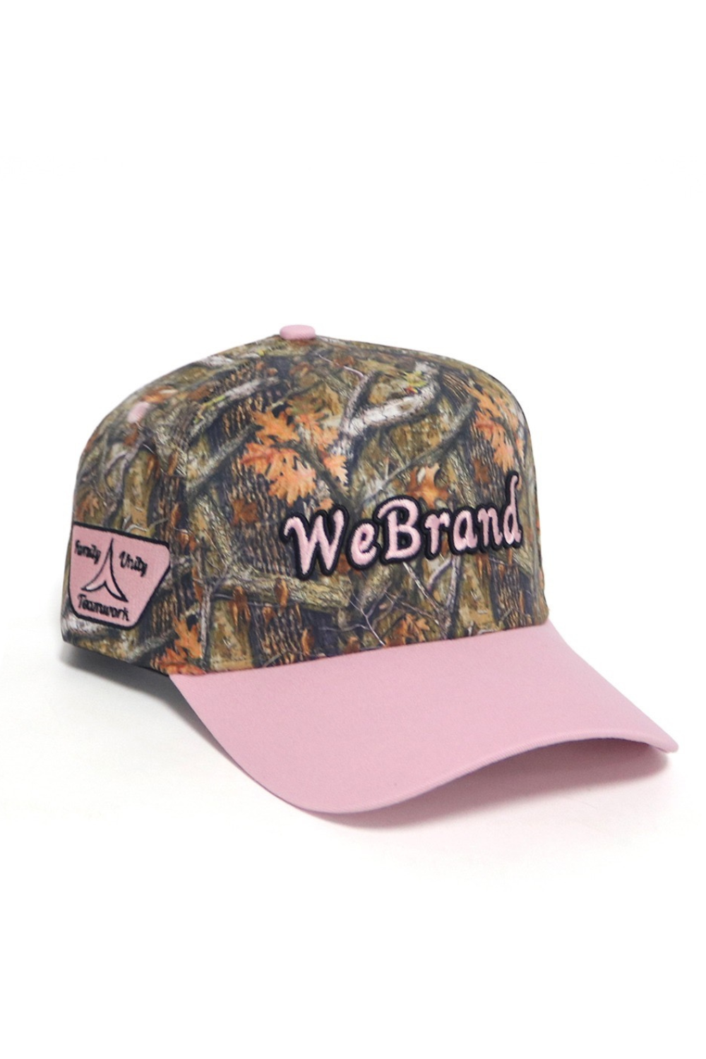 Camouflage cap with pink brim and 'WeBrand' logo on a white background