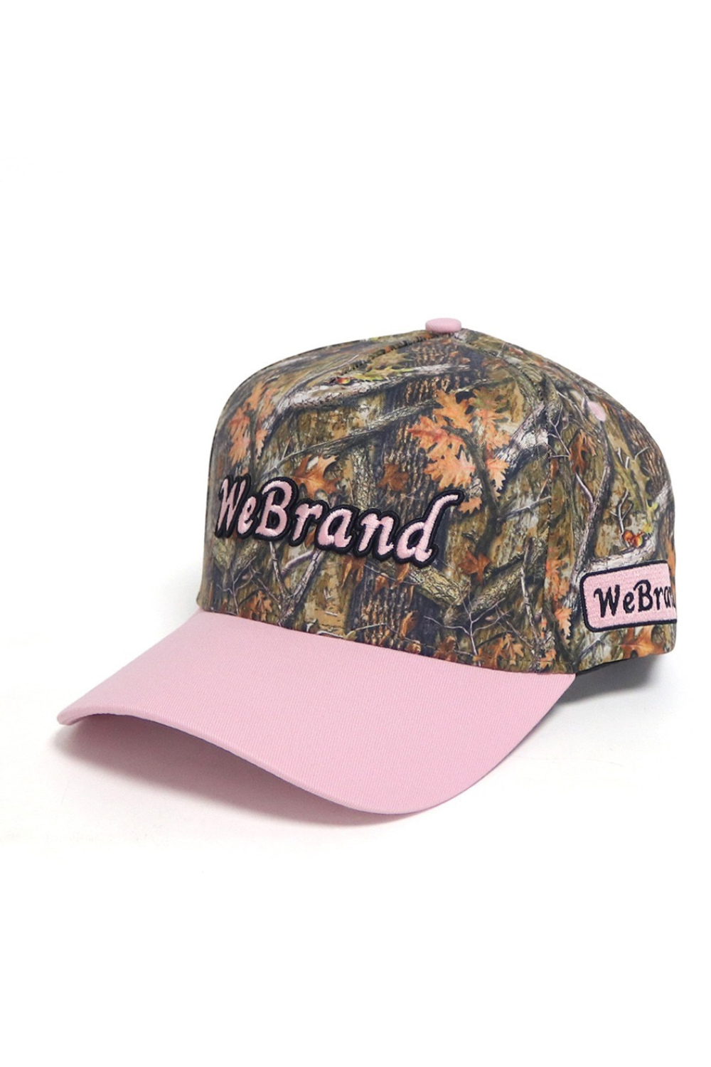 Camouflage cap with pink bill and 'WeBrand' logo on a white background