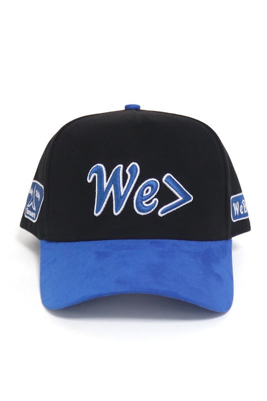 Black and blue cap with 'We>' text on a white background