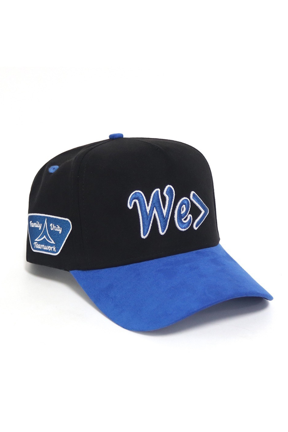 Black and blue cap with 'We' logo on a white background