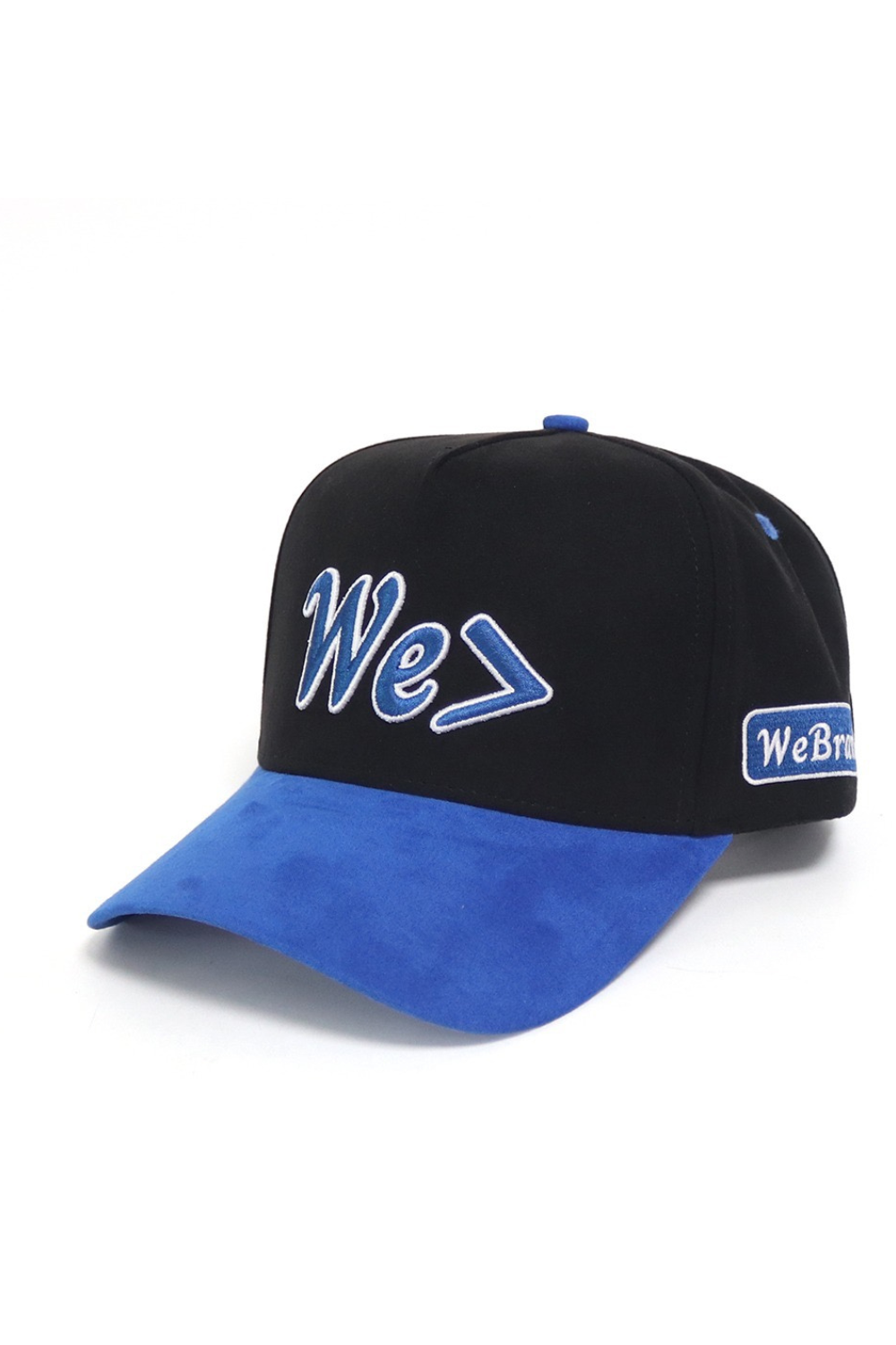 Black and blue cap with 'We>1' branding on a white background