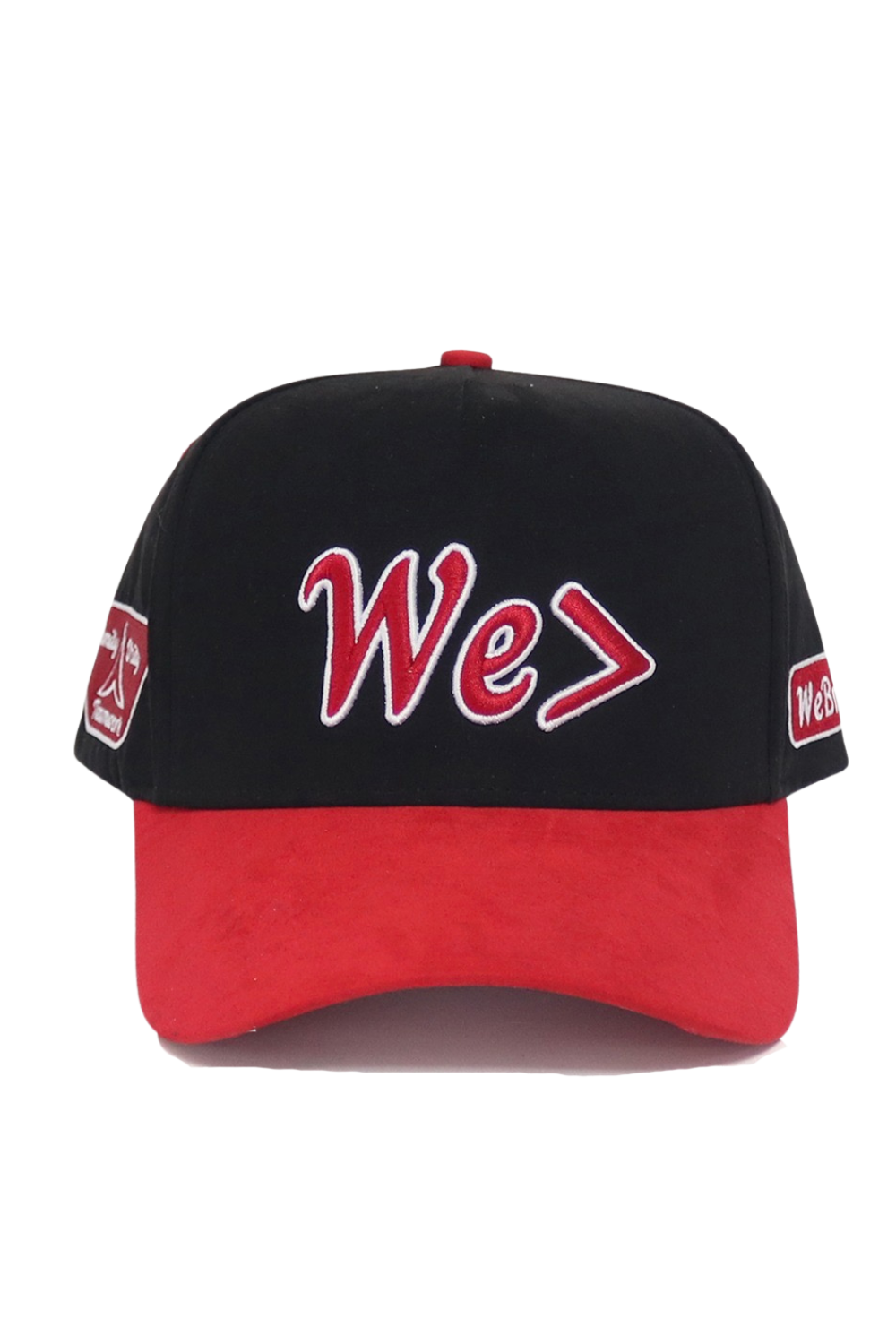 Black and red cap with 'We >' text on a white background