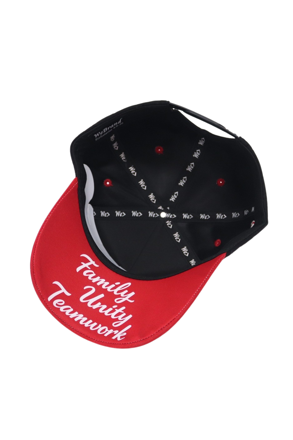 Black and red cap with 'Family Unity Teamwork' text on a white background