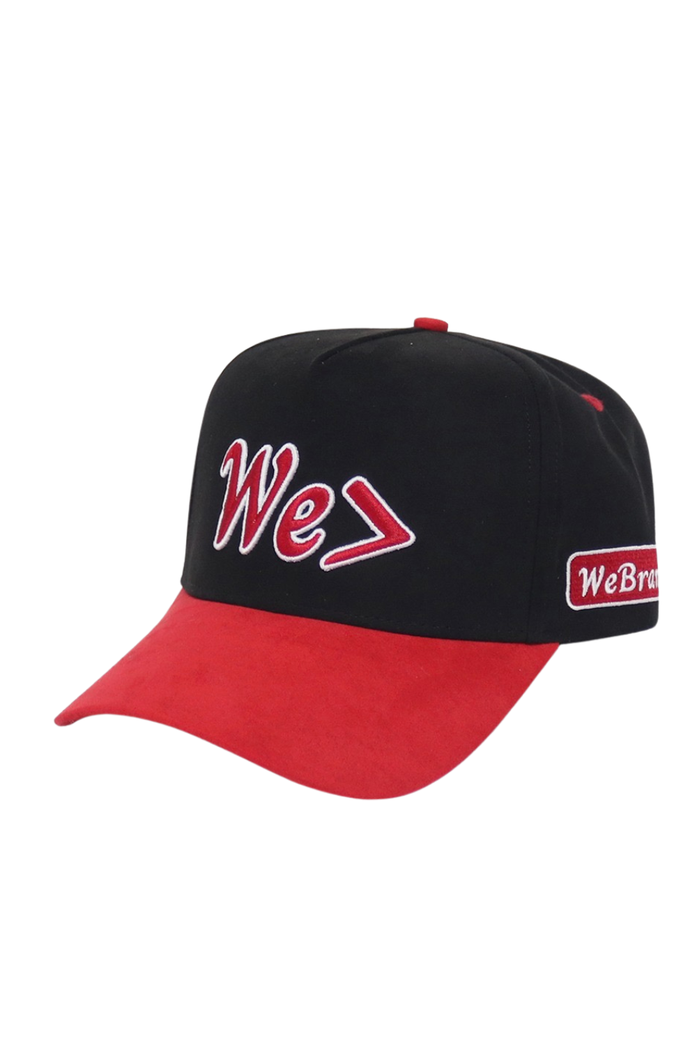 Black and red cap with 'We' logo on a white background