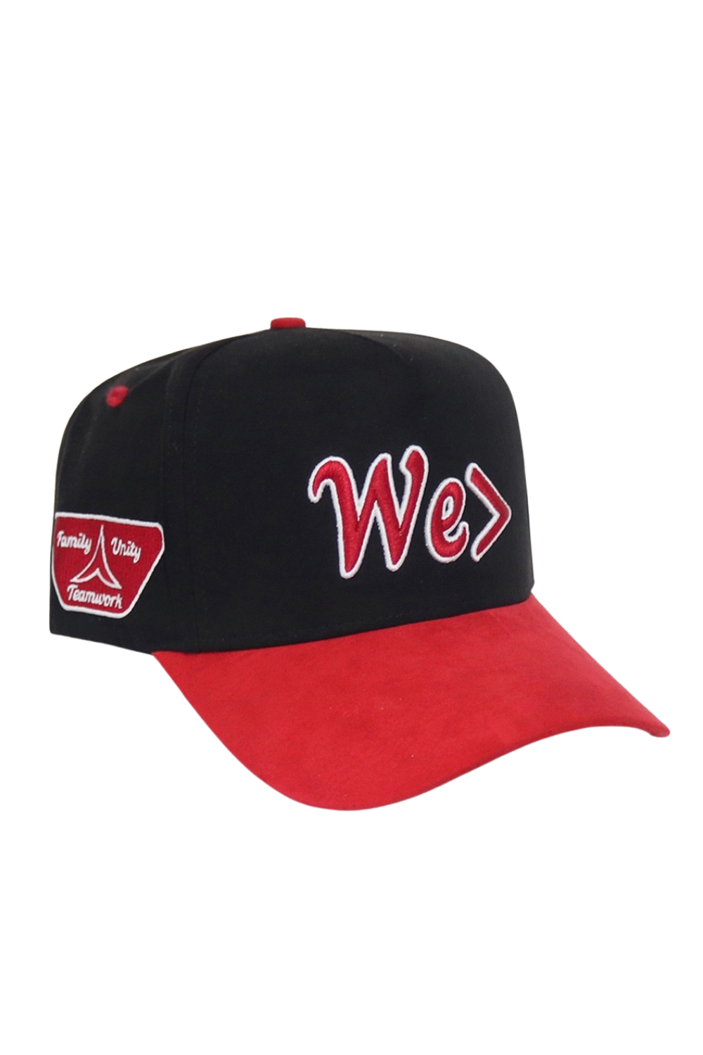 Black and red cap with 'We' text on a white background