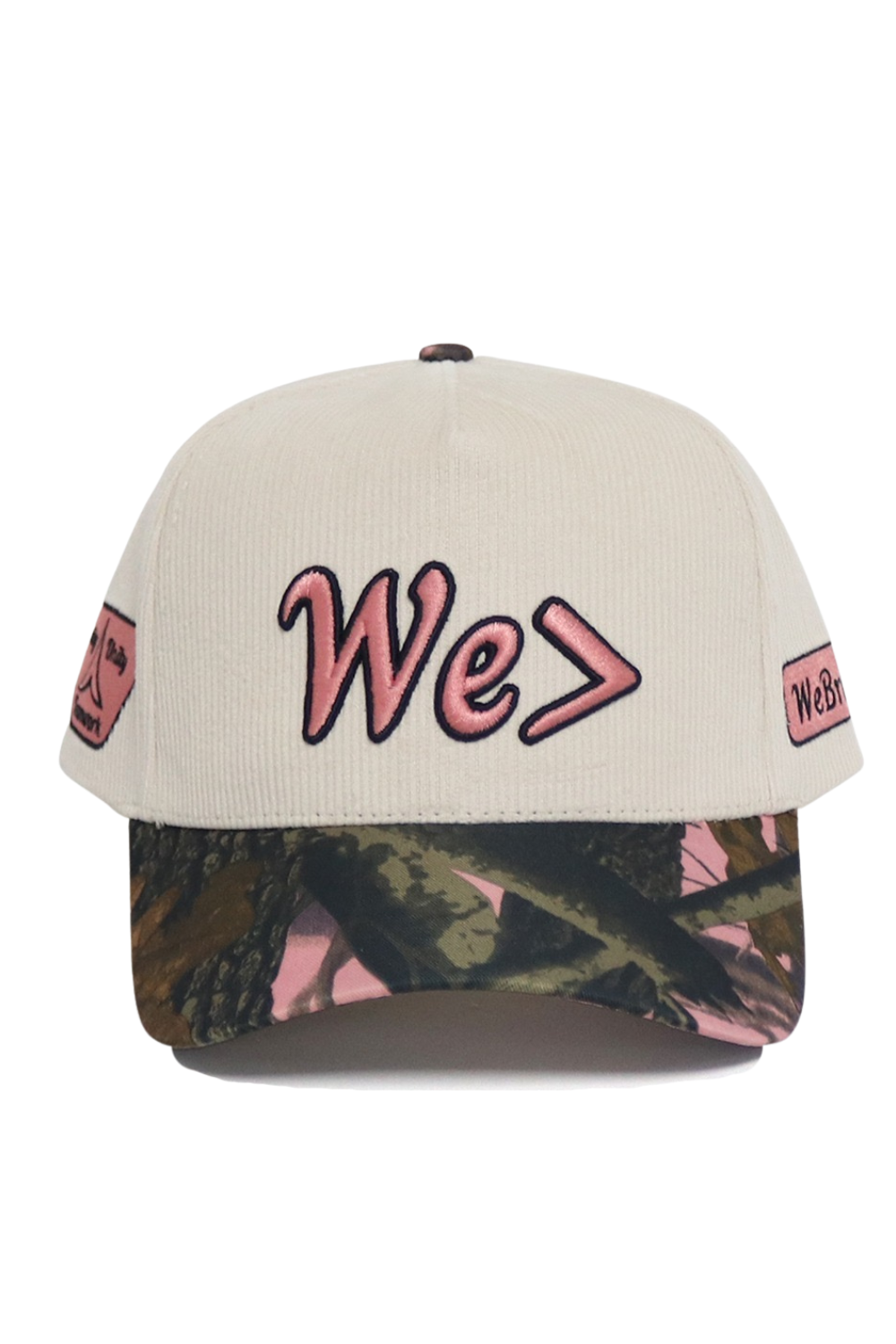 Beige cap with pink text and camouflage pattern on a white background