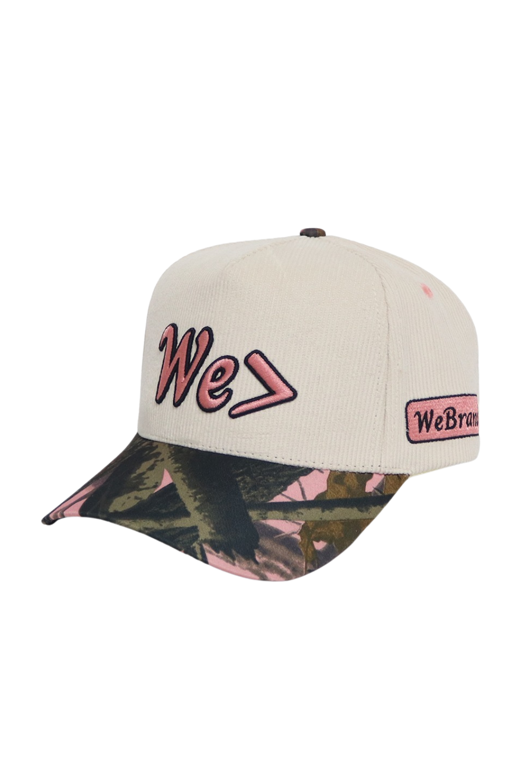 Beige cap with pink text and camouflage bill on a white background