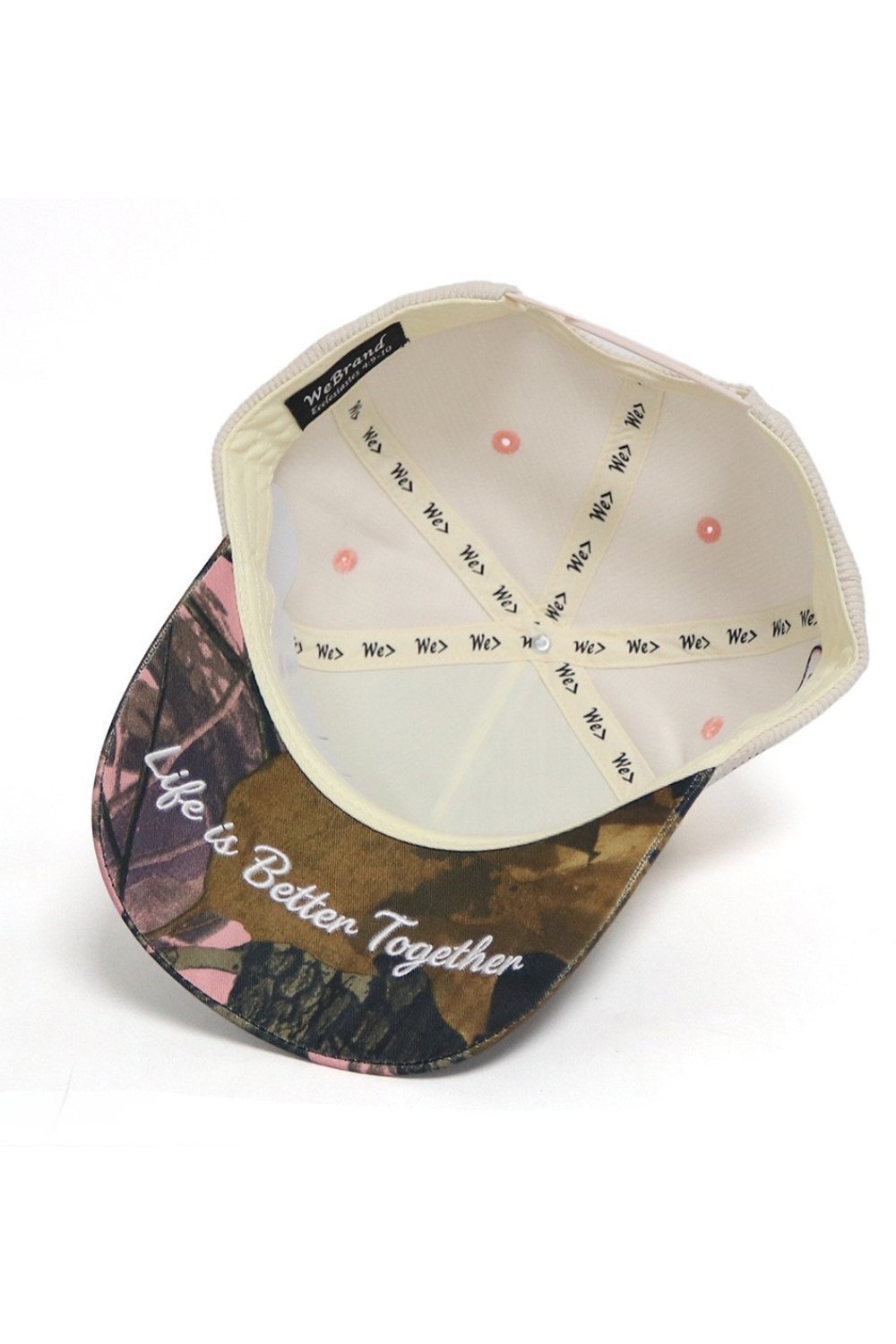 Baseball cap with camo pattern and 'Life is Better Together' text on a white background