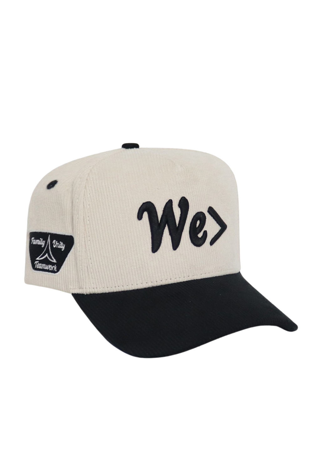 Beige and black cap with 'We' logo on a white background