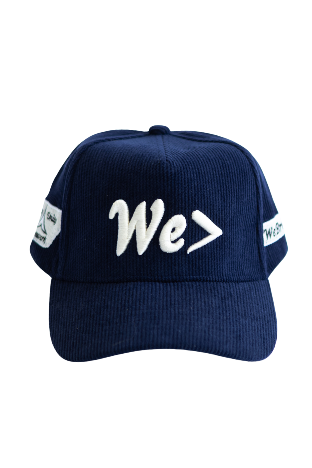 Navy blue cap with white text 'We>' on a white background