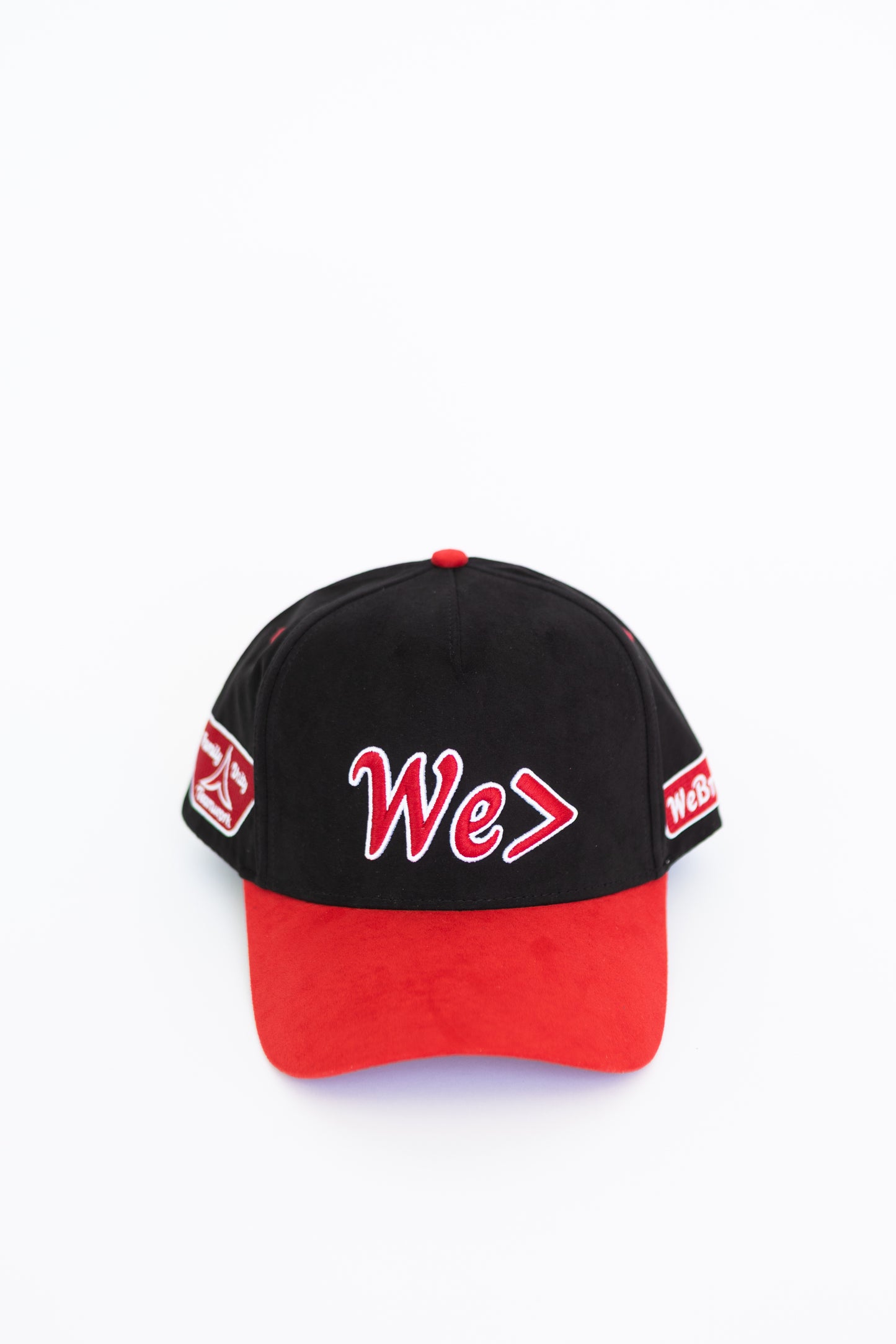 Black and red cap with 'We' text on a white background