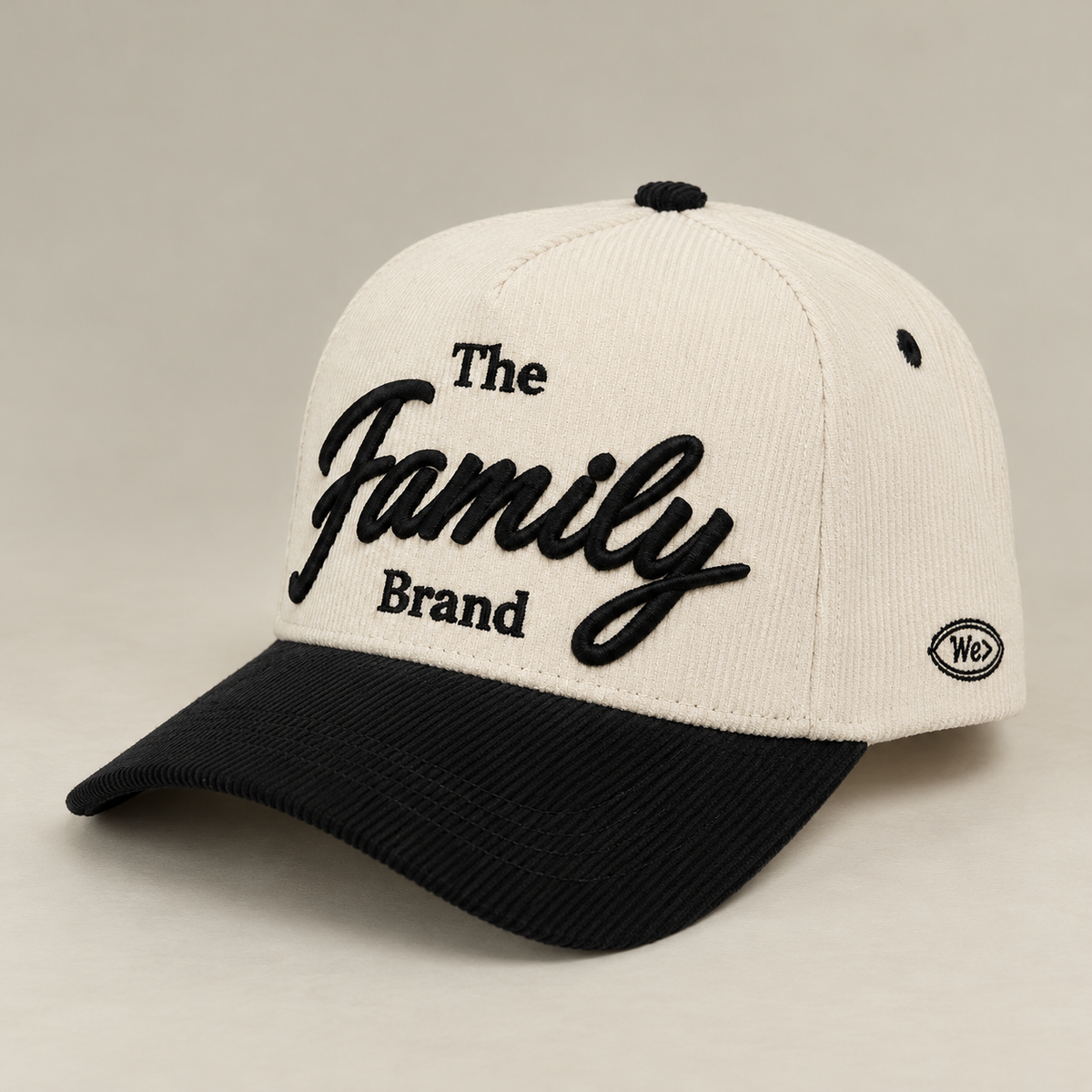The Family Brand corduroy hat with black brim and WE> side logo