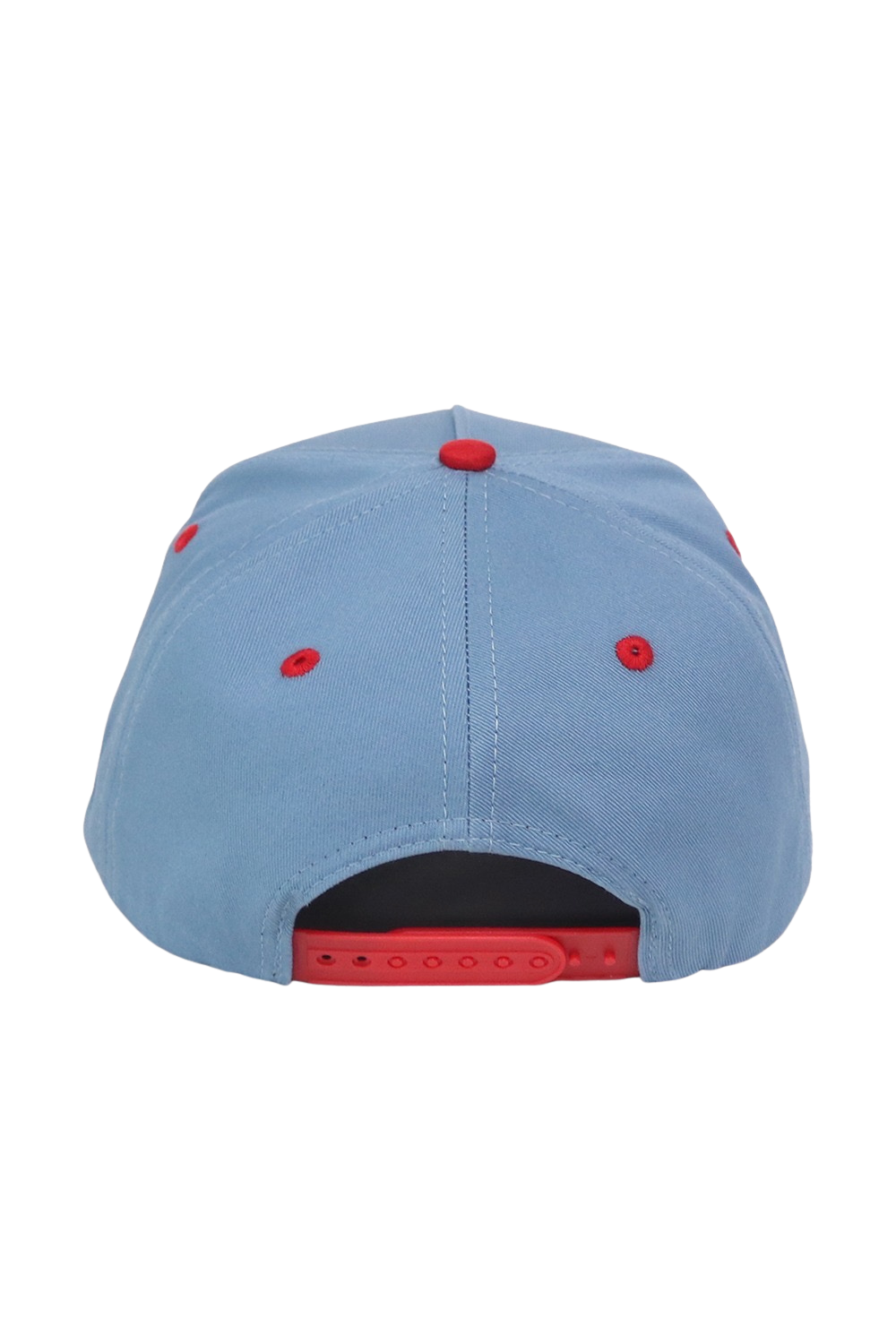 A light blue snapback cap shown from the back, featuring red button details and a red adjustable strap.
