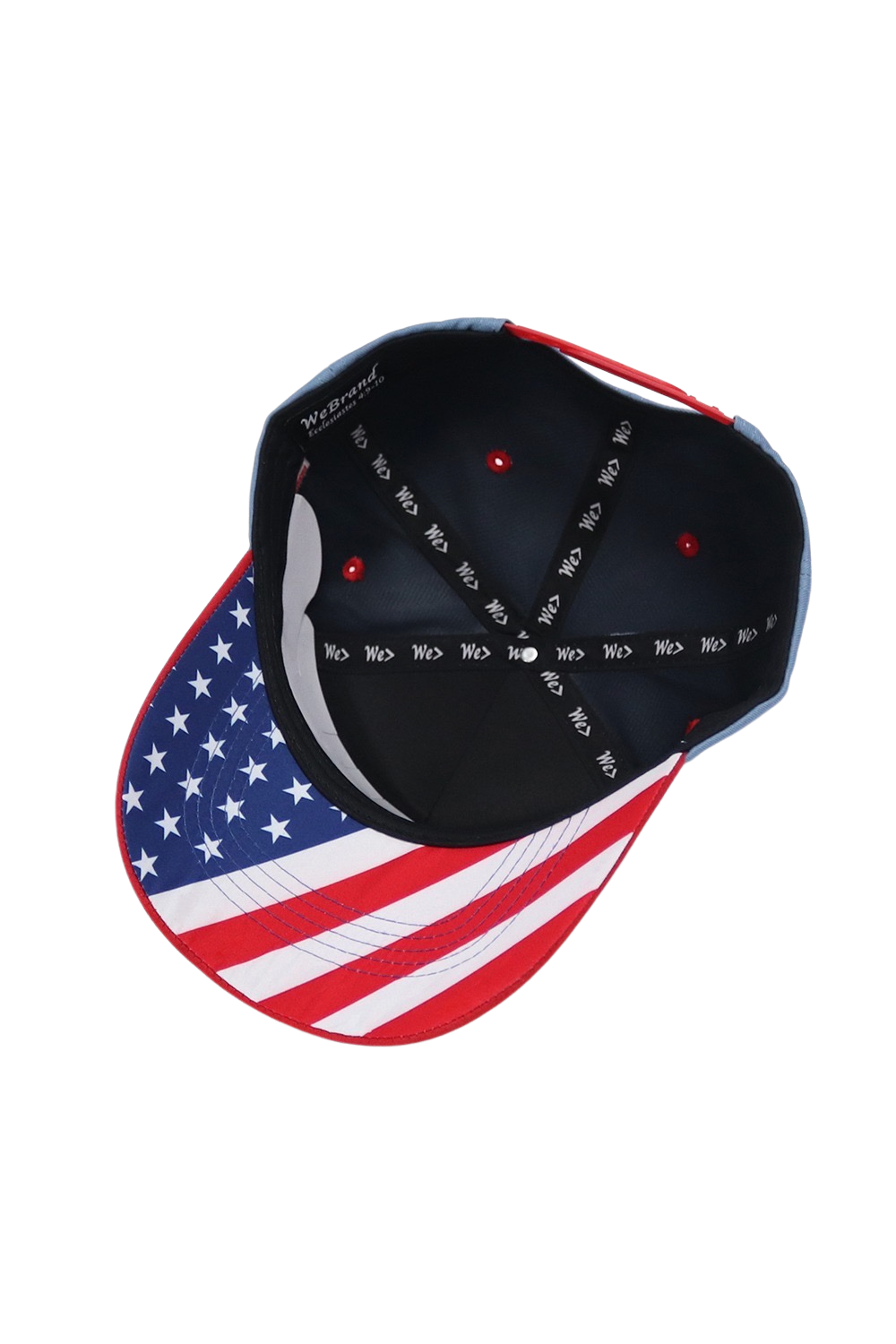 A baseball cap shown from the back, featuring a black crown with 'Noob' printed repeatedly on the back strap, and a curved brim printed with the American flag design of red and white stripes and white stars on a blue field.