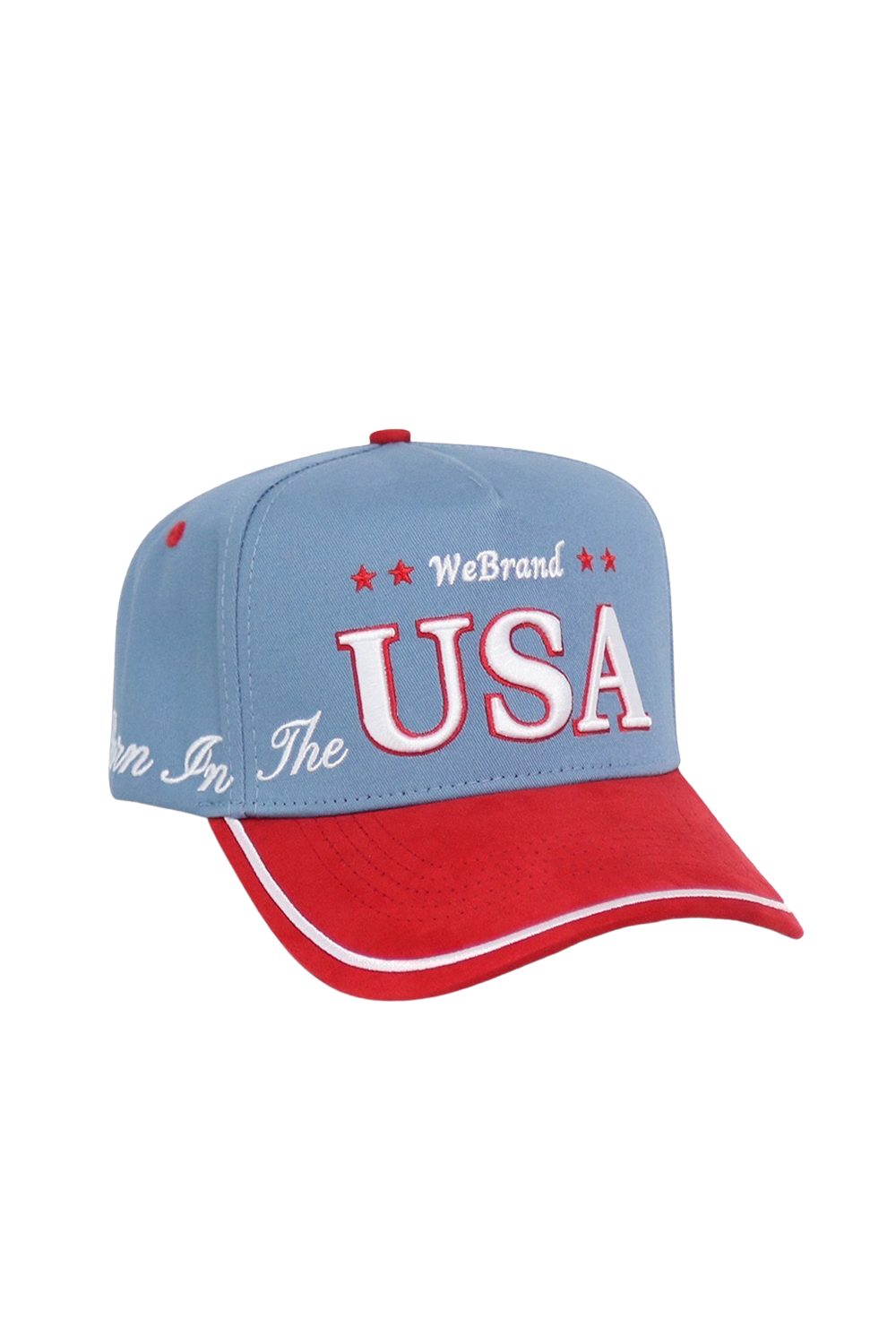 A light blue and red baseball cap with 'WeBrand USA' embroidered on the front, set against a plain white background.