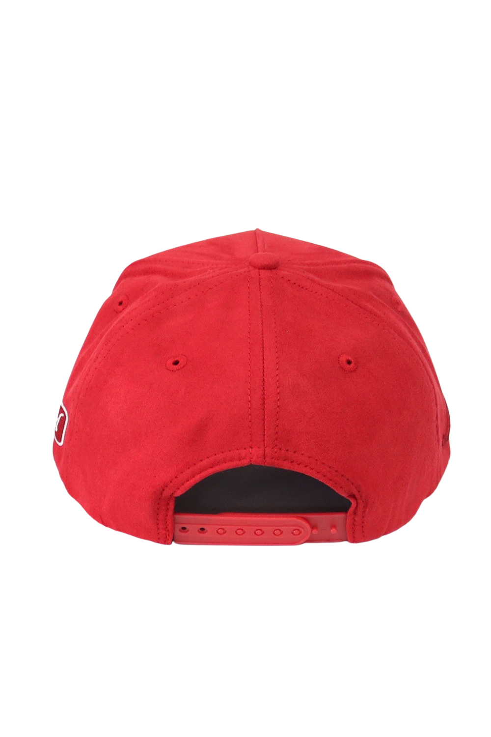 The back view of a red baseball cap with an adjustable snapback closure, shown on a plain white background.