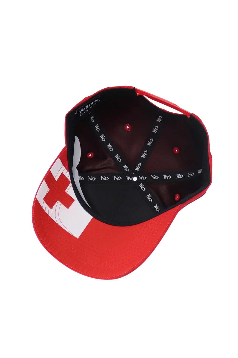 A red and black baseball cap with a white cross on the front panel, shown from an overhead angle on a white background.