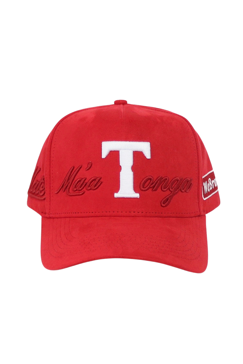 A red baseball cap featuring a large white embroidered 'T' on the front, with 'Mā Tonga' embroidered in red script across the sides and a small white 'Wet Dream' logo patch on the side.