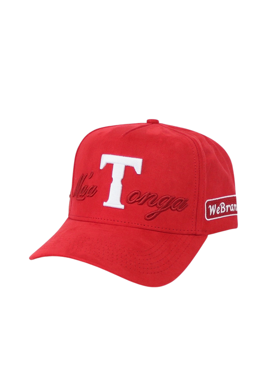 A red baseball cap featuring a large white embroidered 'T' with 'Tonga' in red cursive script, and a white 'WeBrands' patch on the side, shown against a plain white background.