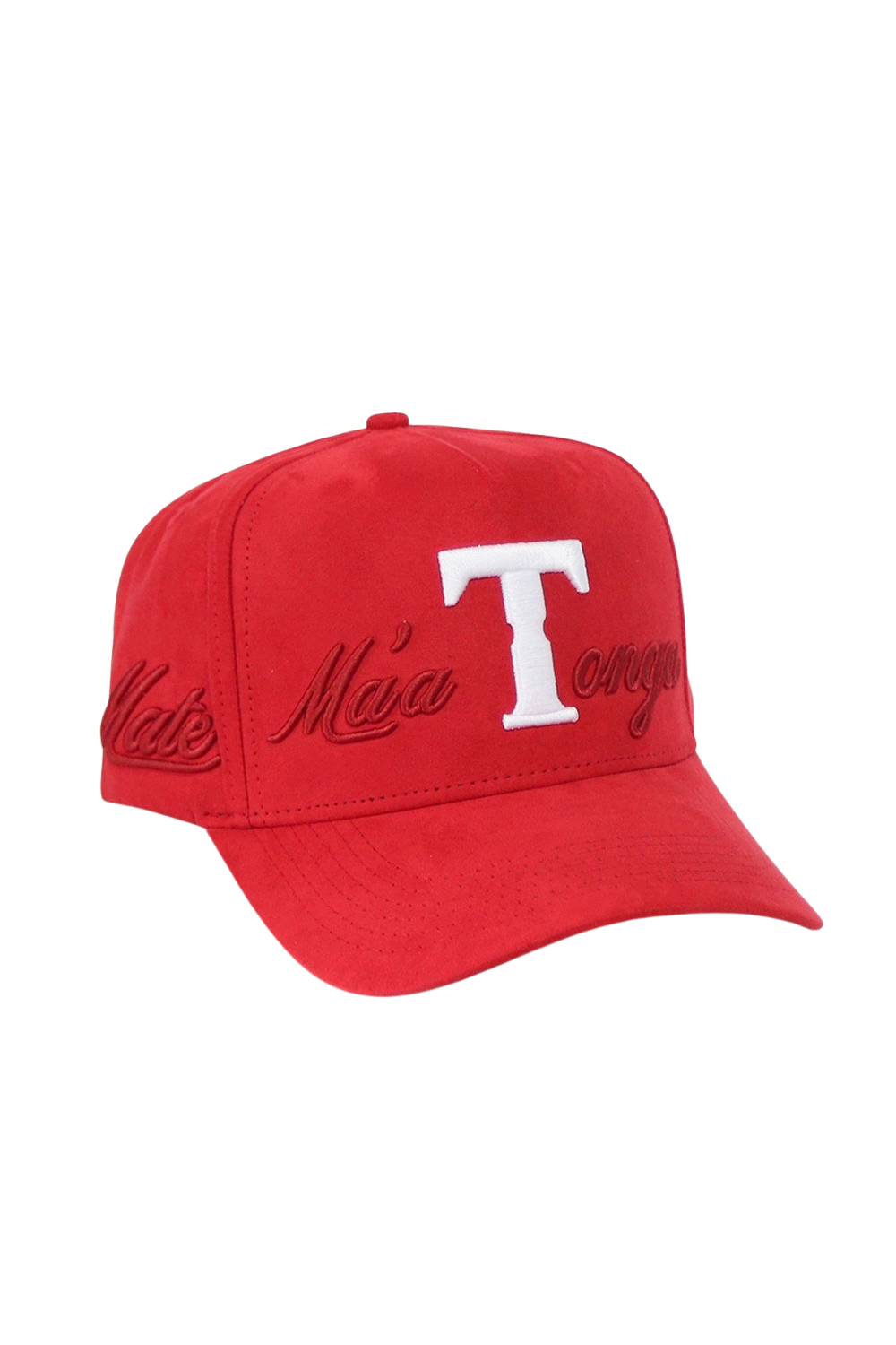 A red baseball cap featuring a large white embroidered letter 'T' on the front, with cursive embroidery on the side panels, shown against a plain white background.