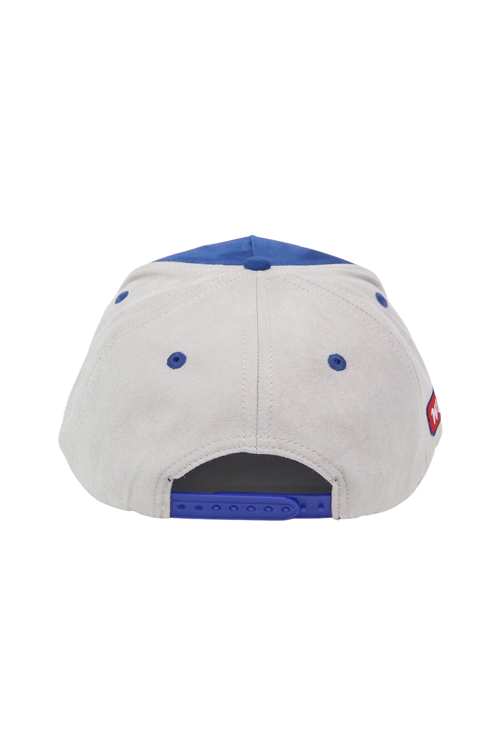The back view of a baseball cap featuring a light gray fabric crown with blue button details, a blue top panel, and a blue adjustable strap closure.