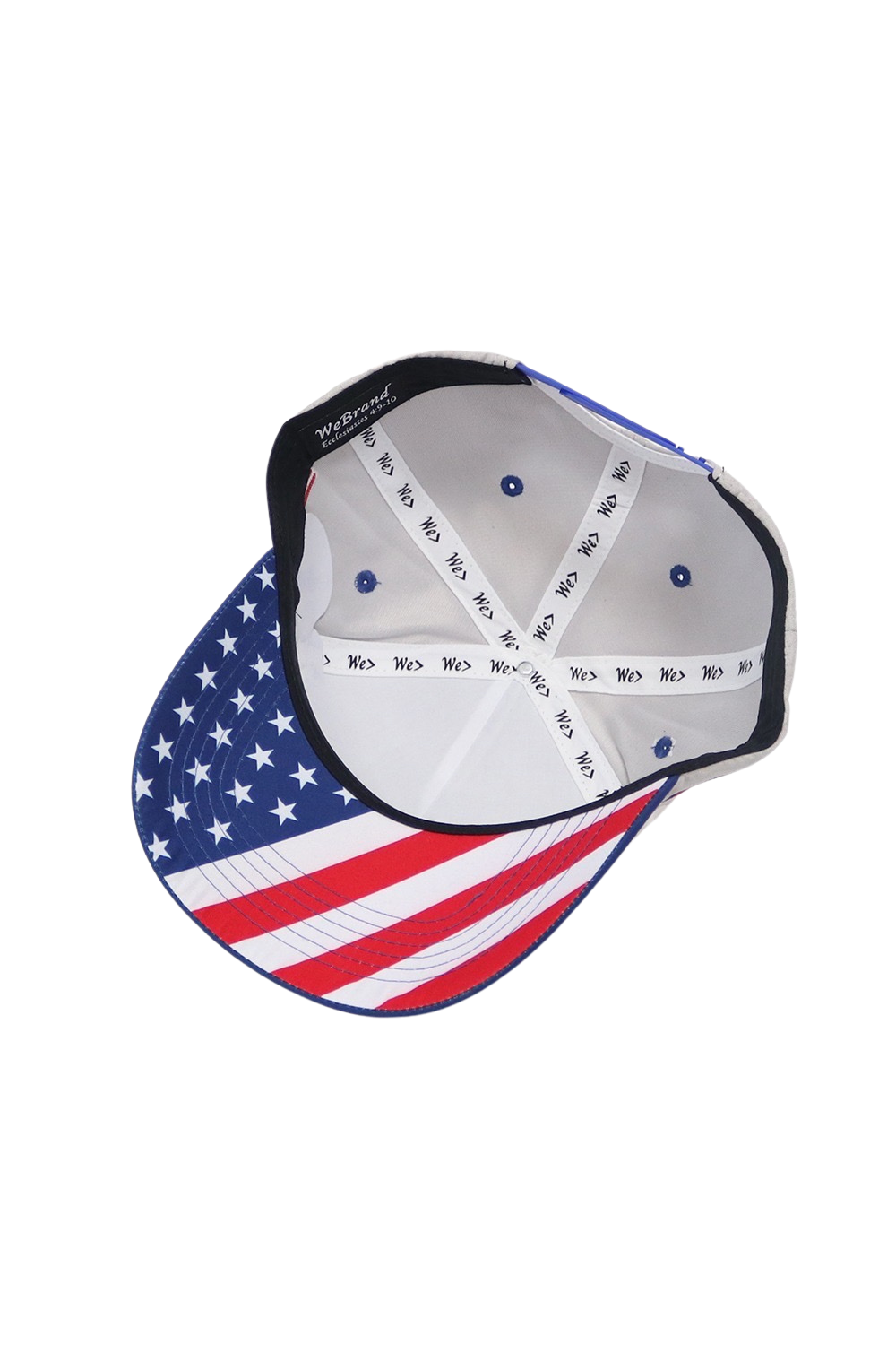 An American flag themed baseball cap shown from an overhead angle, featuring a blue star-patterned brim and red and white stripes on the front, with a white structured crown and black adjustable strap.